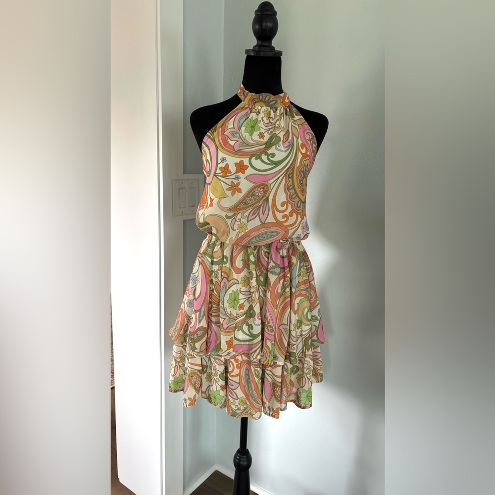 Flying Tomato Halter Mini Dress in Pink, Green & Orange Paisley